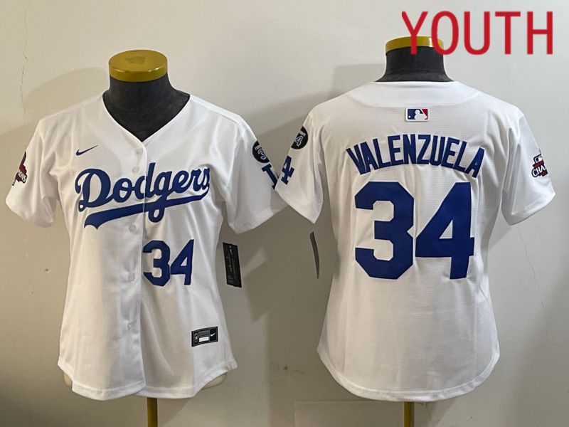 Youth Los Angeles Dodgers 34 Valenzuela White Game 2024 Nike MLB Jersey style 12092